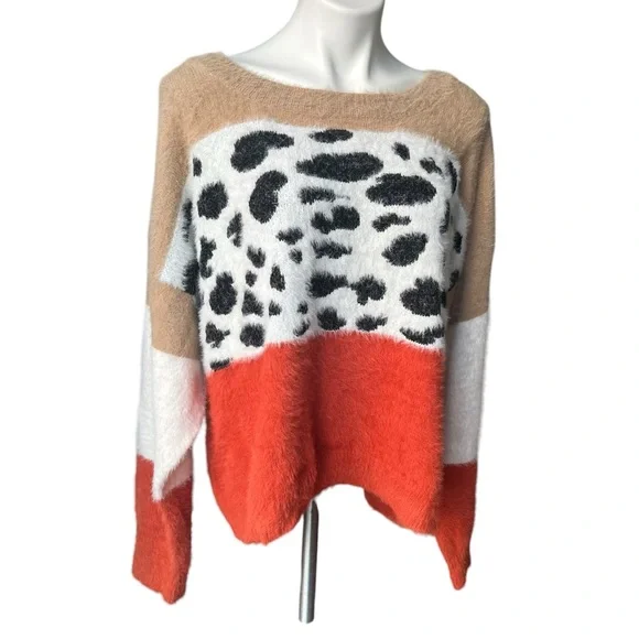 COCOBLEU Colorblock Leopard Print Fuzzy Crewneck Sweater, Sz 1X - Picture 6 of 14